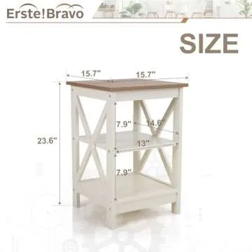 Erste!Bravo Farmhouse End Tables Living Room Set of 2, 3-Tier Modern Side Tables with Storage Small Wood Look Rustic Bedroom Nightstands Set of 2 for Living Room, Bedroom, Office, Ivory+Oak
