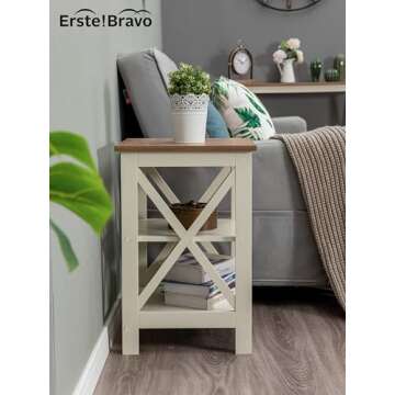 Erste!Bravo Farmhouse End Tables Living Room Set of 2, 3-Tier Modern Side Tables with Storage Small Wood Look Rustic Bedroom Nightstands Set of 2 for Living Room, Bedroom, Office, Ivory+Oak