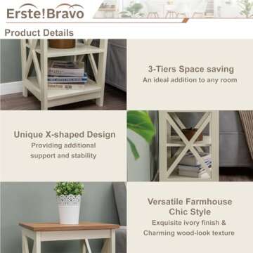Erste!Bravo Farmhouse End Tables Living Room Set of 2, 3-Tier Modern Side Tables with Storage Small Wood Look Rustic Bedroom Nightstands Set of 2 for Living Room, Bedroom, Office, Ivory+Oak