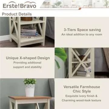 Erste!Bravo Farmhouse End Tables Living Room Set of 2, 3-Tier Modern Side Tables with Storage Small Wood Look Rustic Bedroom Nightstands Set of 2 for Living Room, Bedroom, Office, Ivory+Oak