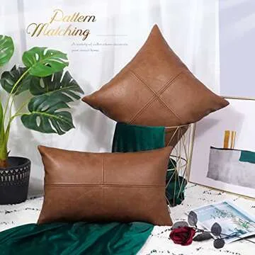 BRAWARM Faux Leather Throw Pillow Covers 12 X 20 Inches, Brown Leather Pillow Cover, Hand Stitched Leather Decorative Lumbar Pillow Cover for Couch Sofa Bed Living Room Home Garden
