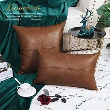 BRAWARM Faux Leather Throw Pillow Covers 12 X 20 Inches, Brown Leather Pillow Cover, Hand Stitched Leather Decorative Lumbar Pillow Cover for Couch Sofa Bed Living Room Home Garden