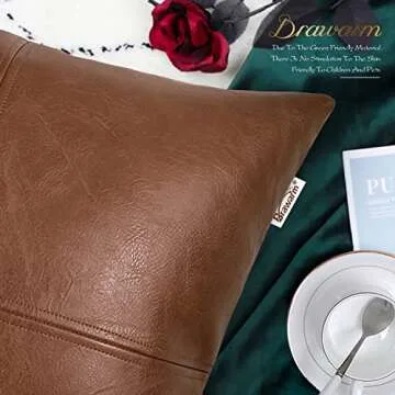 BRAWARM Faux Leather Throw Pillow Covers 12 X 20 Inches, Brown Leather Pillow Cover, Hand Stitched Leather Decorative Lumbar Pillow Cover for Couch Sofa Bed Living Room Home Garden