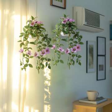 Bailikang 2PCS Fake Hanging Plants with Pots Faux Flowers Artificial Vines in Pots Greenery Fake Ivy...