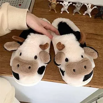 Jerzmy Fuzzy Cow Slippers for Women Men, Cute Cotton Animals House Slippers Fluffy Plush Shoes for Girls Indoor Living Room Bedroom Garden, Size 11.5-12