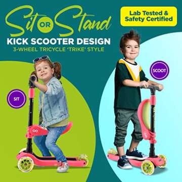 Serenelife 3-Wheeled Kick Scooter for Kids – Fun Sit/Stand Design with LED Lights and Adjustable H...