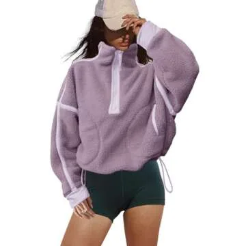 LAMISSCHE Half Zip Sweatshirt Women Oversized Sherpa Jacket V Neck Fleece Pullover Hoodie with Pockets(Light Purple,M)