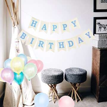 Blue Happy Birthday Banner, Assembled Burlap Happy Birthday Sign for Birthday Party Decorations
