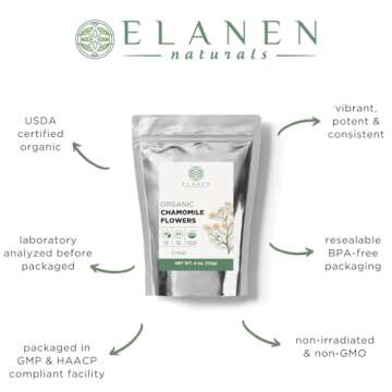 Elanen Naturals Organic Chamomile Flowers 4 oz. (113g), USDA Certified Organic Camomile Manzanilla T...