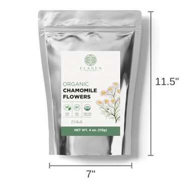 Elanen Naturals Organic Chamomile Flowers 4 oz. (113g), USDA Certified Organic Camomile Manzanilla Tea Loose Leaf, German Chomomile Golden Chamomeal Herb, Whole