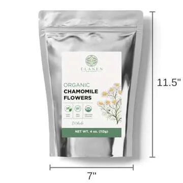 Elanen Naturals Organic Chamomile Flowers 4 oz. (113g), USDA Certified Organic Camomile Manzanilla Tea Loose Leaf, German Chomomile Golden Chamomeal Herb, Whole