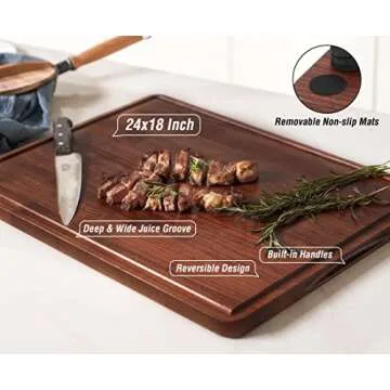 AZRHOM XXL Large Walnut Wood Cutting Board for Kitchen 24x18 (Gift Box) with Juice Groove Handles Non-slip Mats Thick Reversible Butcher Block Chopping Board