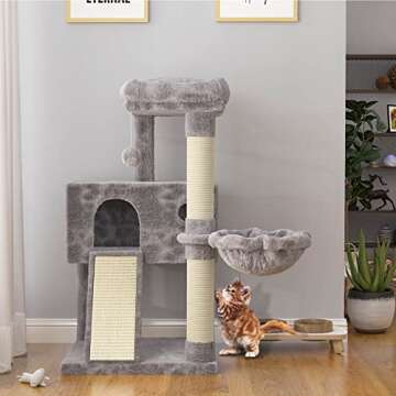 SHA CERLIN Cat Tree 36 Inches Cat Tower with Hammock, Sisal Scratching Post for Indoor Kittens, Small Room, Grey