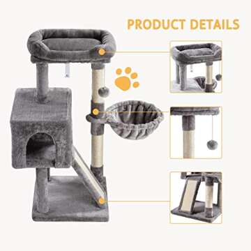 SHA CERLIN Cat Tree 36 Inches Cat Tower with Hammock, Sisal Scratching Post for Indoor Kittens, Small Room, Grey