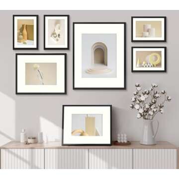 Frametory, Aluminum Picture Frames Set of 7 - Black Gallery Wall Kit - Displays One 11x14, Two 8x10, and Four 5x7 inch Photos for Home Decoration