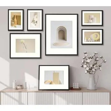 Frametory, Aluminum Picture Frames Set of 7 - Black Gallery Wall Kit - Displays One 11x14, Two 8x10, and Four 5x7 inch Photos for Home Decoration