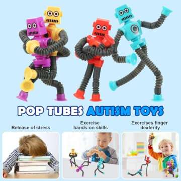 XONTEUS 4 Pack Pop Tubes Robot Valentines Day Gifts for Kids Suction Cup Sensory Toys Toddler Easter...