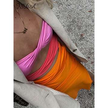 Women's Split Cut Out Maxi Bodycon Dress Strapless Tube Top Dress Color Block Hollow Out Twist Bodycon Dress (Orange, Small)