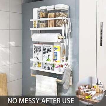 EASTTOWEST Magnetic Spice Rack,4 Tier Kitchen Magnetic Shelf for Refrigerator with 2 Paper Towel Holders and 5 Removable Hooks,Matte White