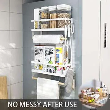 EASTTOWEST Magnetic Spice Rack,4 Tier Kitchen Magnetic Shelf for Refrigerator with 2 Paper Towel Holders and 5 Removable Hooks,Matte White