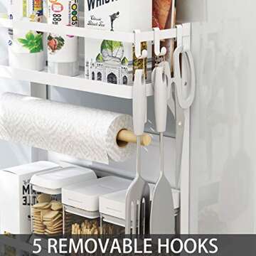 EASTTOWEST Magnetic Spice Rack,4 Tier Kitchen Magnetic Shelf for Refrigerator with 2 Paper Towel Holders and 5 Removable Hooks,Matte White