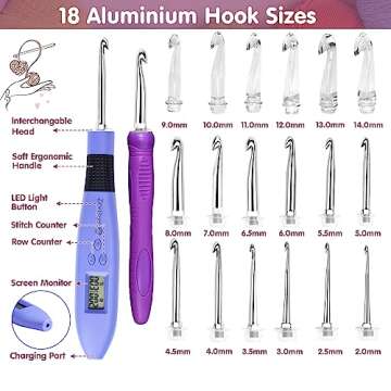 Crochet Hook with 18 Different Size, Crochet Hooks for Stitch & Row Counter, Light Up Crochet Hooks Interchangeable Crochet Needle, Ergonomic Crochet Hooks with 2 Levels Led