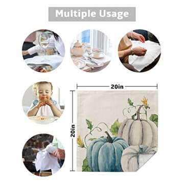 Cloth Napkin, White Blue Pumpkin Floral Absorbent Linen Napkins Reusable Washable Thanksgiving Kitchen Table Napkin Cloth Cocktail Napkins for Weddings Party 8 Packs 20 x 20 in