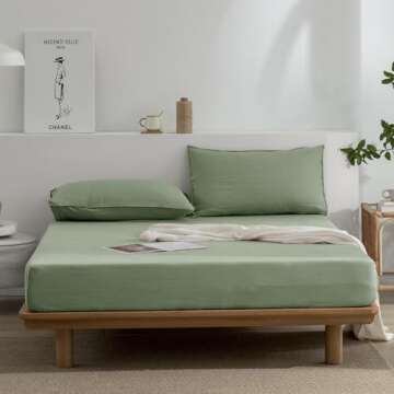 EVERLY Linen Sheets Set King Size,100% French Stonewash Pure Linen Sheets Set,4Pieces (1Flat Sheet,1Fitted Sheet,2Pillowcase) Suitable for Hot Sleepers,Deep Pocket Natural Bedding Set-Saga Green-King
