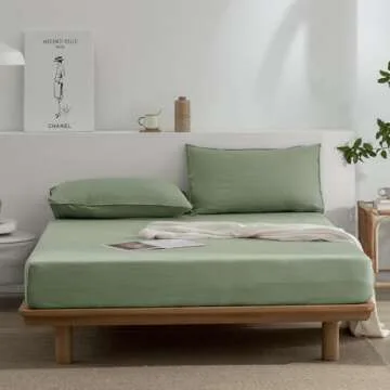 EVERLY Linen Sheets Set King Size,100% French Stonewash Pure Linen Sheets Set,4Pieces (1Flat Sheet,1Fitted Sheet,2Pillowcase) Suitable for Hot Sleepers,Deep Pocket Natural Bedding Set-Saga Green-King