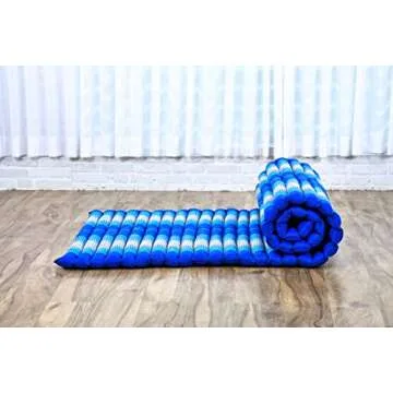 Leewadee - Foldable Floor Mattress - Japanese Roll Up Futon -Trifold Tatami Mat- Guest Floor Bed - Camping Mattress - Thai Massage Mat, Kapok Filled, 75 x 39 inches, Blue