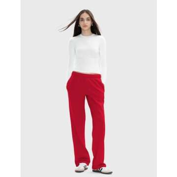PUMIEY Sweatpants Women Cotton Wide Leg High Waisted Sweat Pants Lounge Oppen Bottom Pants, Ruby Medium