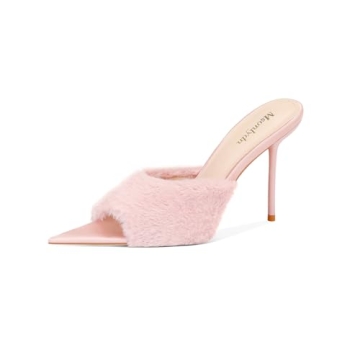 Womens Heels Peep Toe Stilettos Fuzzy Mules Sandals Slip On High Heeled Shoes for Party Prom Dresses...