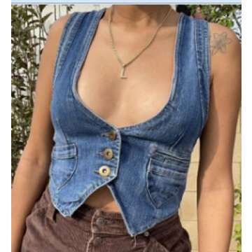 Women Vintage Y2K Denim Vest Sexy V Neck Button Down Cropped Jean Corset Sleeveless Waistcoat Tank T...