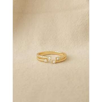 GNIRTSI Gold Ribbed Ring for Women Diamond Cubic Zirconia 14K Gold Plated Minimalist Stack Split Shank Thin Band Open Finger Jewelry Size 6