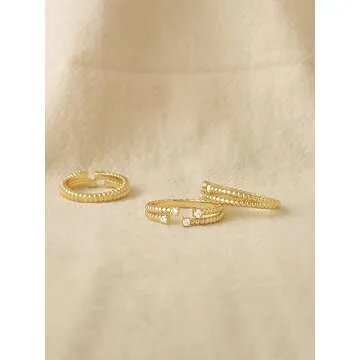 GNIRTSI Gold Ribbed Ring for Women Diamond Cubic Zirconia 14K Gold Plated Minimalist Stack Split Shank Thin Band Open Finger Jewelry Size 6