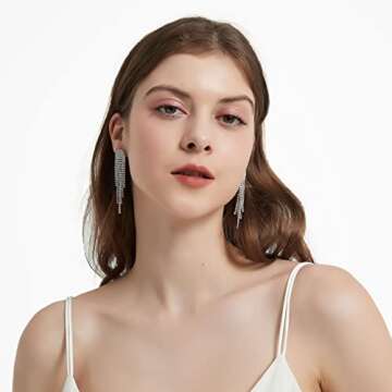 SELOVO Chandelier Tassel Long Big Statement Chain Dangle Earrings Clear Austrian Crystal Silver Tone