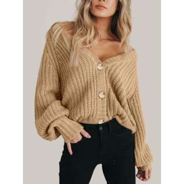 PRETTYGARDEN Women's Long Sleeve Plain Button Down Sweater Classic V-Neck Knit Cardigan Open Loose Outwear Coats (Khaki,Small)