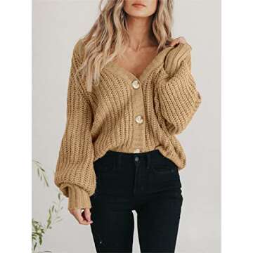 PRETTYGARDEN Women's Long Sleeve Plain Button Down Sweater Classic V-Neck Knit Cardigan Open Loose Outwear Coats (Khaki,Small)
