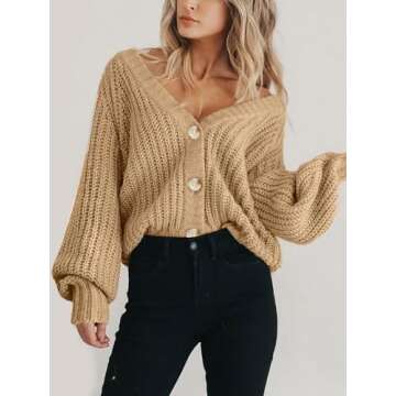 PRETTYGARDEN Women's Long Sleeve Plain Button Down Sweater Classic V-Neck Knit Cardigan Open Loose Outwear Coats (Khaki,Small)