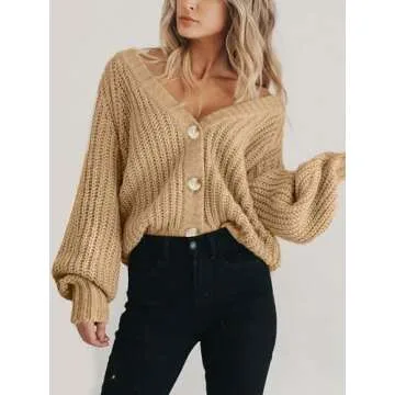 PRETTYGARDEN Women's Long Sleeve Plain Button Down Sweater Classic V-Neck Knit Cardigan Open Loose Outwear Coats (Khaki,Small)