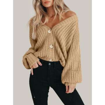 PRETTYGARDEN Women's Long Sleeve Plain Button Down Sweater Classic V-Neck Knit Cardigan Open Loose Outwear Coats (Khaki,Small)