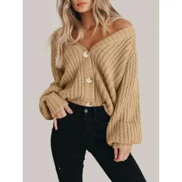PRETTYGARDEN Women's Long Sleeve Plain Button Down Sweater Classic V-Neck Knit Cardigan Open Loose Outwear Coats (Khaki,Small)