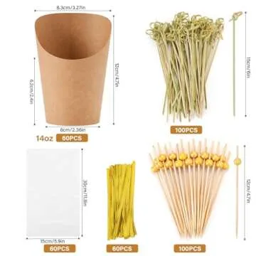 EWVVSS 60pcs Individual Disposable Charcuterie Cups with Sticks,60 Portable Bags,200pcs Cocktail Skewers,14oz Brown Paper Appetizer Cups for French Fry, Party Supplies