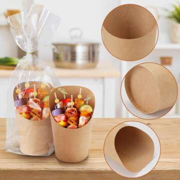 EWVVSS 60pcs Individual Disposable Charcuterie Cups with Sticks,60 Portable Bags,200pcs Cocktail Skewers,14oz Brown Paper Appetizer Cups for French Fry, Party Supplies