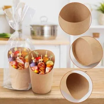 EWVVSS 60pcs Individual Disposable Charcuterie Cups with Sticks,60 Portable Bags,200pcs Cocktail Skewers,14oz Brown Paper Appetizer Cups for French Fry, Party Supplies
