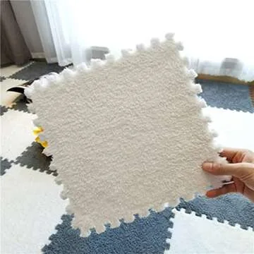 Typutomi 10pcs Plush Puzzle Foam Floor Mat, Soft Fluffy Interlocking Square Foam Tiles Area Rugs Carpet for Parlor Bedroom Decoration(11.8x11.8in, White & Apricot)