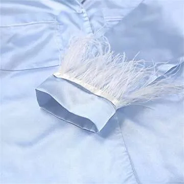 Zempertoopa Women's Pajamas Set Silk Satin Sleepwear Long Sleeve Feather Shirt Shorts Nightwear Loose Sleep Home Wear Clothes (Blue, S)