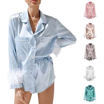 Zempertoopa Women's Pajamas Set Silk Satin Sleepwear Long Sleeve Feather Shirt Shorts Nightwear Loose Sleep Home Wear Clothes (Blue, S)