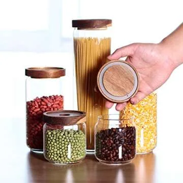 Glass Canisters Set of 5 for the kitchen, Glass Storage Container jars with Airtight Acacia Lid for Coffee Beans, Flour, Sugar, Rice and Spaghetti and etc