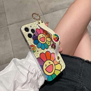 Lastma for iPhone 12 Pro Max Case Cute with Wrist Strap Kickstand Glitter Bling Cartoon IMD Soft TPU Shockproof Protective Cases Cover for Girls and Women - Sunflower